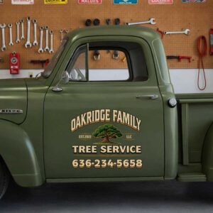 Personalized Tree and Vintage Lettering Decal for Truck Door with Vintage Automotive Design sticker 14577