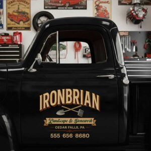 Personalized Shovel and Rake Decal for Truck Door with Vintage Automotive Design sticker 14588