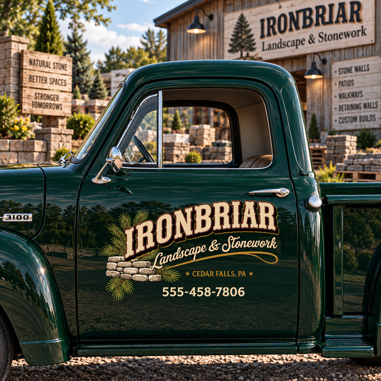Personalized Stone Wall and Decorative Text Decal for Truck Door with Vintage Automotive Design sticker 14589 - Image 2