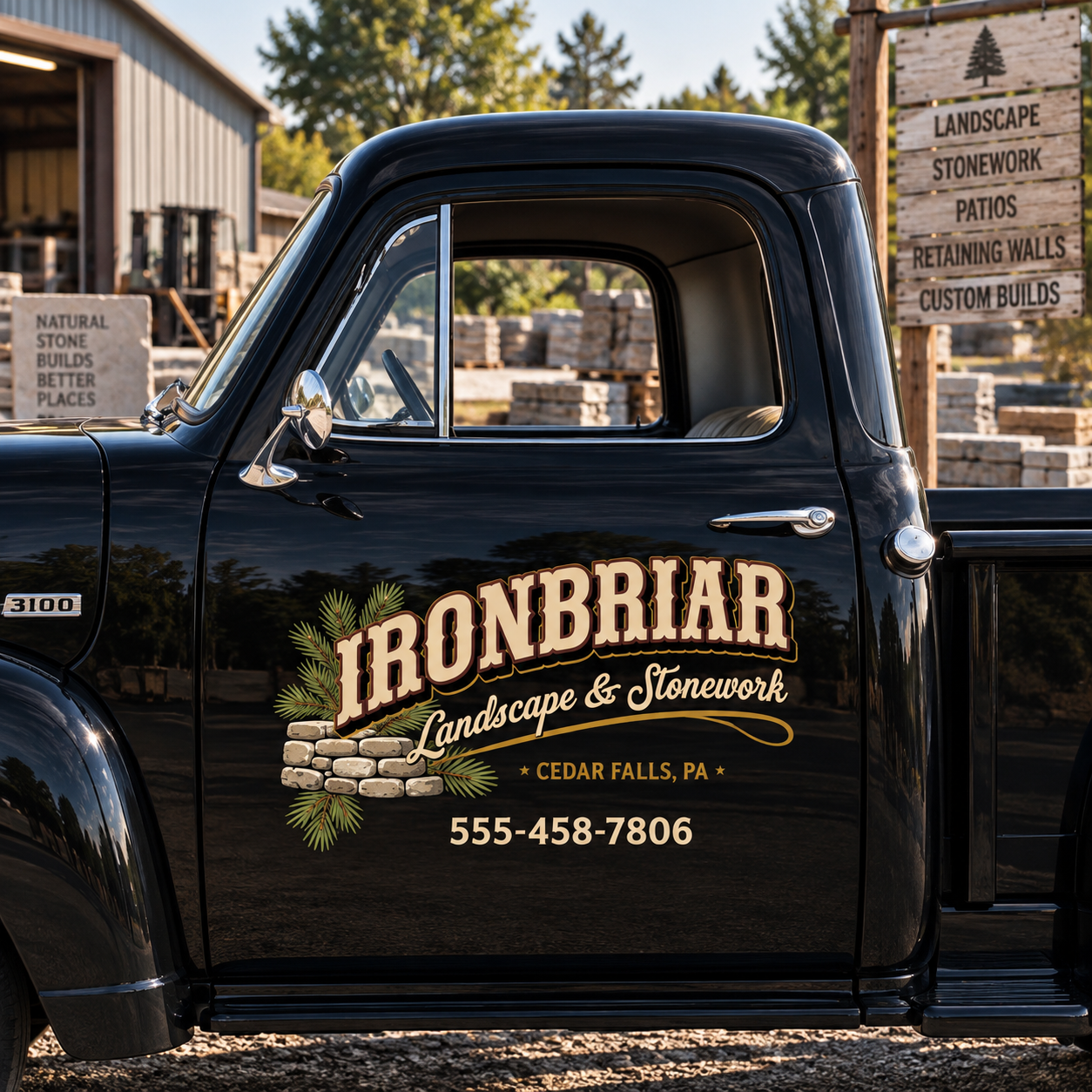 Personalized Stone Wall and Decorative Text Decal for Truck Door with Vintage Automotive Design sticker 14589 - Image 3