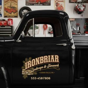 Personalized Stone Wall and Decorative Text Decal for Truck Door with Vintage Automotive Design sticker 14589
