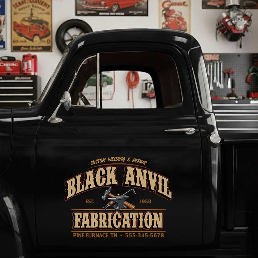 Personalized Anvil and Crossed Metalworking Tools Decal for Truck Door with Vintage Industrial Lettering Design sticker 14592