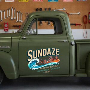 Personalized Ocean Wave and Surfboard Decal for Truck Door with Vintage Surf Design sticker 14594