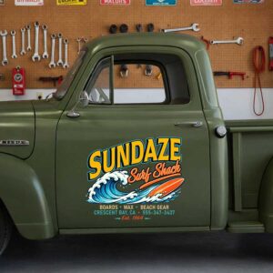 Personalized Wave and Surfboard Decal for Truck Door with Vintage Surf Design sticker 14595