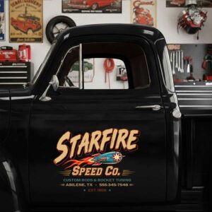 Personalized Rocket and Flames Decal for Truck Door with Vintage Automotive Design sticker 14598
