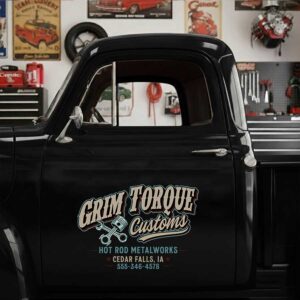Personalized Crossed Pistons and Bold Lettering Decal for Truck Door with Vintage Automotive Design sticker 14599