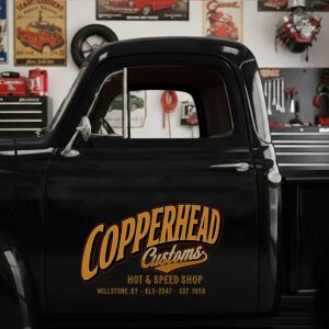 Personalized Speed Shop Lettering Decal for Pickup Truck Door with Vintage Gold Script Hot Rod Design sticker 14602
