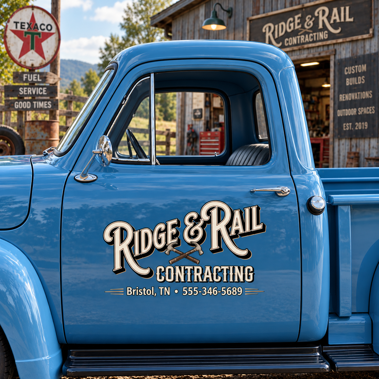 Custom Crossed Hammers Decal for Contractor Truck Door with Ornate Vintage Trade Lettering Design sticker 14613 - Image 3