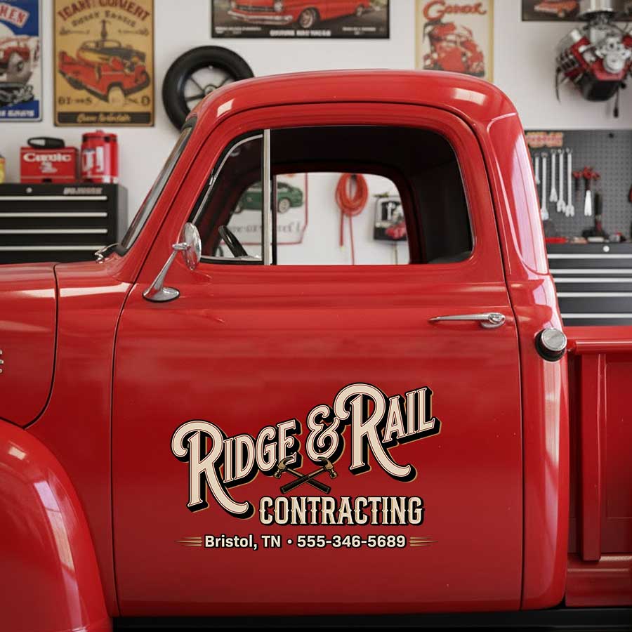 Custom Crossed Hammers Decal for Contractor Truck Door with Ornate Vintage Trade Lettering Design sticker 14613