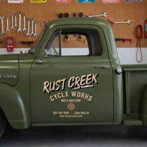Personalized Cycle Works Decal for Bike and Moto Shop Truck Door with Slanted Retro Lettering and Wheel Badge Design sticker 14614
