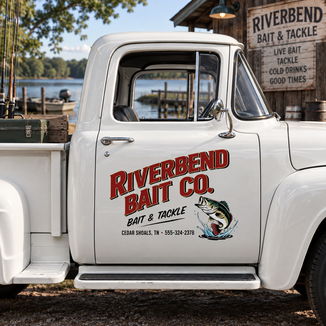 Custom Leaping Bass Fish Decal for Bait and Tackle Truck Door with Vintage Outdoor Shop Lettering Design sticker 14615 - Image 2