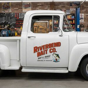 Custom Leaping Bass Fish Decal for Bait and Tackle Truck Door with Vintage Outdoor Shop Lettering Design sticker 14615