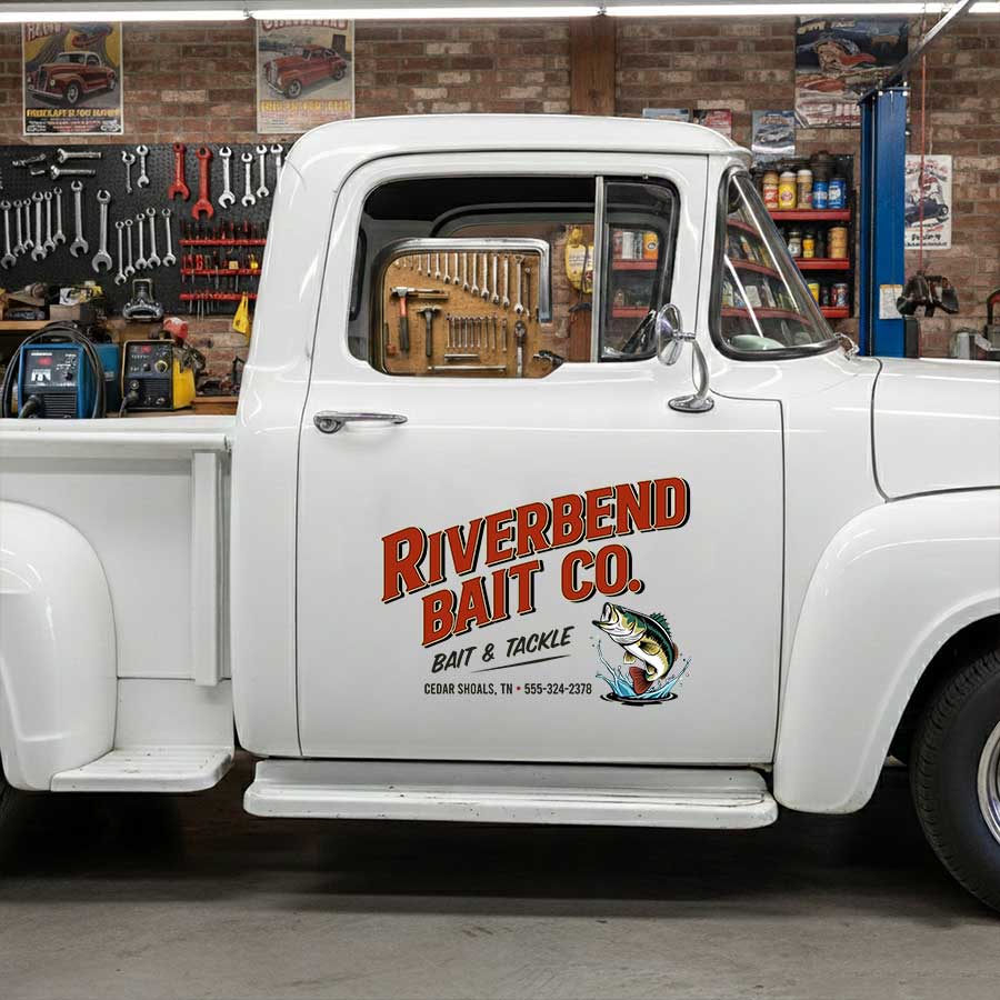 Custom Leaping Bass Fish Decal for Bait and Tackle Truck Door with Vintage Outdoor Shop Lettering Design sticker 14615