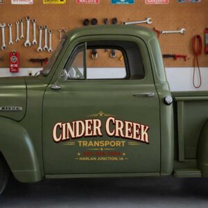 Personalized Transport Company Lettering Decal for Truck Door with Vintage Cream and Gold Star Accent Design sticker 14616