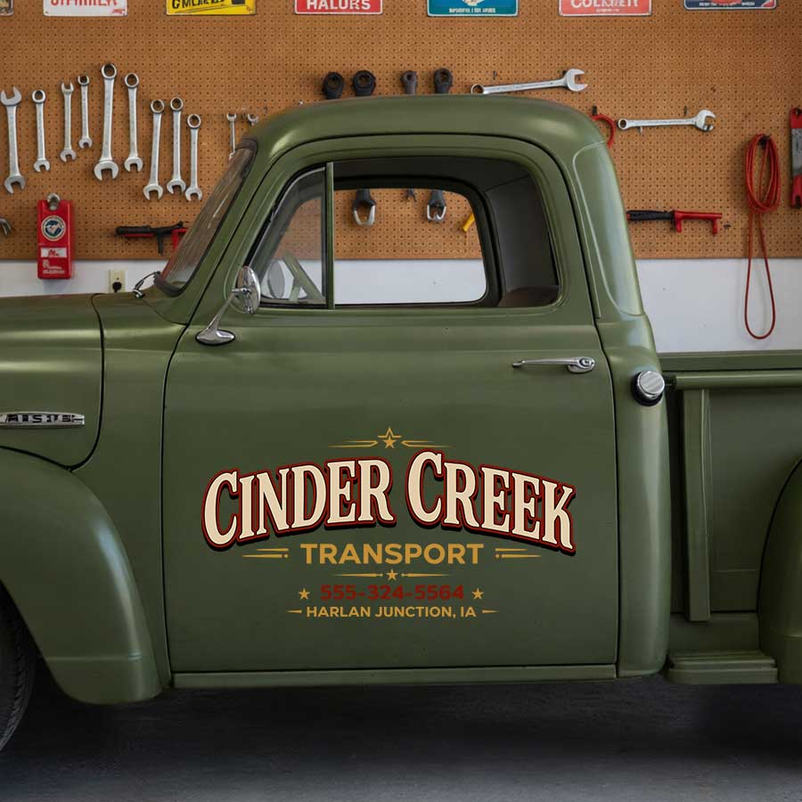 Personalized Transport Company Lettering Decal for Truck Door with Vintage Cream and Gold Star Accent Design sticker 14616