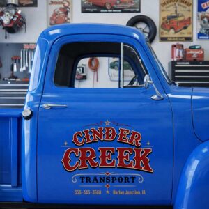 Custom Freight Transport Lettering Decal for Pickup Truck Door with Western Style Red and Gold Flourish Design sticker 14617