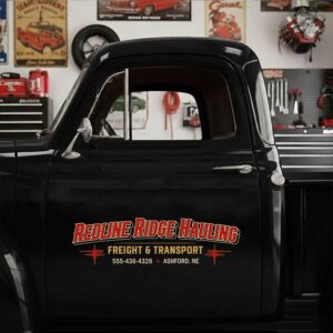 Personalized Hauling Company Lettering Decal for Truck Door with Streamlined Vintage Pinstripe Starburst Design sticker 14618
