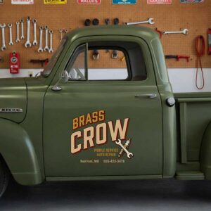 Custom Crossed Wrench and Spark Plug Decal for Mobile Mechanic Truck Door with Retro Auto Service Lettering Design sticker 14620