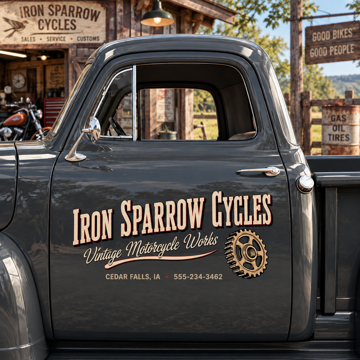 Personalized Gold Gear Decal for Cycle Shop Truck Door with Vintage Motorcycle Lettering Design sticker 14621 - Image 2