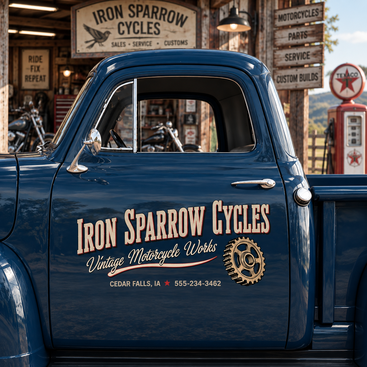 Personalized Gold Gear Decal for Cycle Shop Truck Door with Vintage Motorcycle Lettering Design sticker 14621 - Image 3