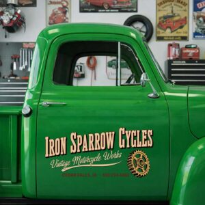 Personalized Gold Gear Decal for Cycle Shop Truck Door with Vintage Motorcycle Lettering Design sticker 14621