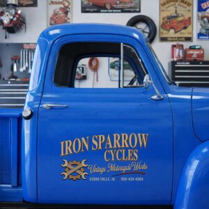 Custom Crossed Wrenches and Gear Decal for Motorcycle Shop Truck Door with Retro Cream and Gold Typography Design sticker 14622