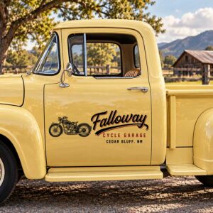 Custom Motorcycle Garage Truck Door Decal with Vintage Motorcycle Illustration and Retro Script Lettering Design sticker 14644