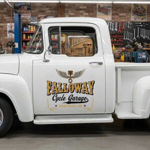 Personalized Motorcycle Garage Truck Door Decal with Winged Piston Emblem and Western Pinstripe Lettering Design sticker 14645