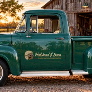Personalized Vintage Motorcycle Truck Door Decal with Open Face Helmet and Goggles Retro Script Lettering Design sticker 14651