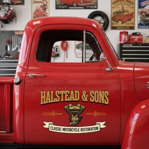 Custom Motorcycle Restoration Truck Door Decal with V-Twin Engine and Vintage Badge Lettering Design sticker 14652